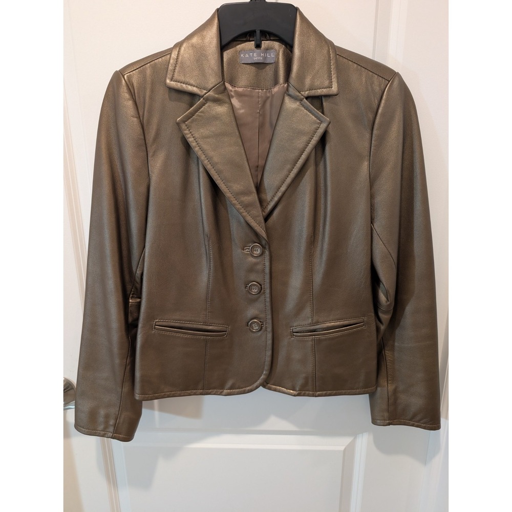 Kate Hill Petite Genuine Leather Blazer Jacket Metallic Brown Women's 10P Button